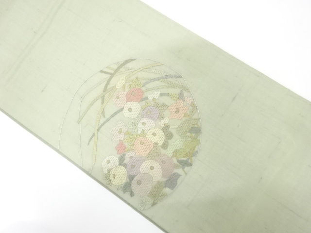 紗紬　万寿菊に桔梗模様　刺繍　袋帯